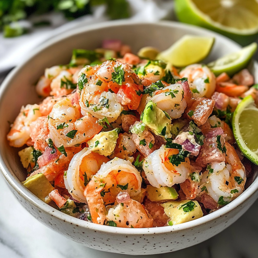 Une assiette de shrimp ceviche avec des légumes verts et des citrons.