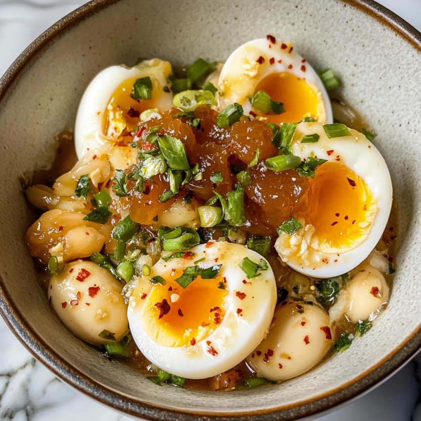 Une assiette contenant des œufs pochés dans une sauce, avec des herbes et des légumes.