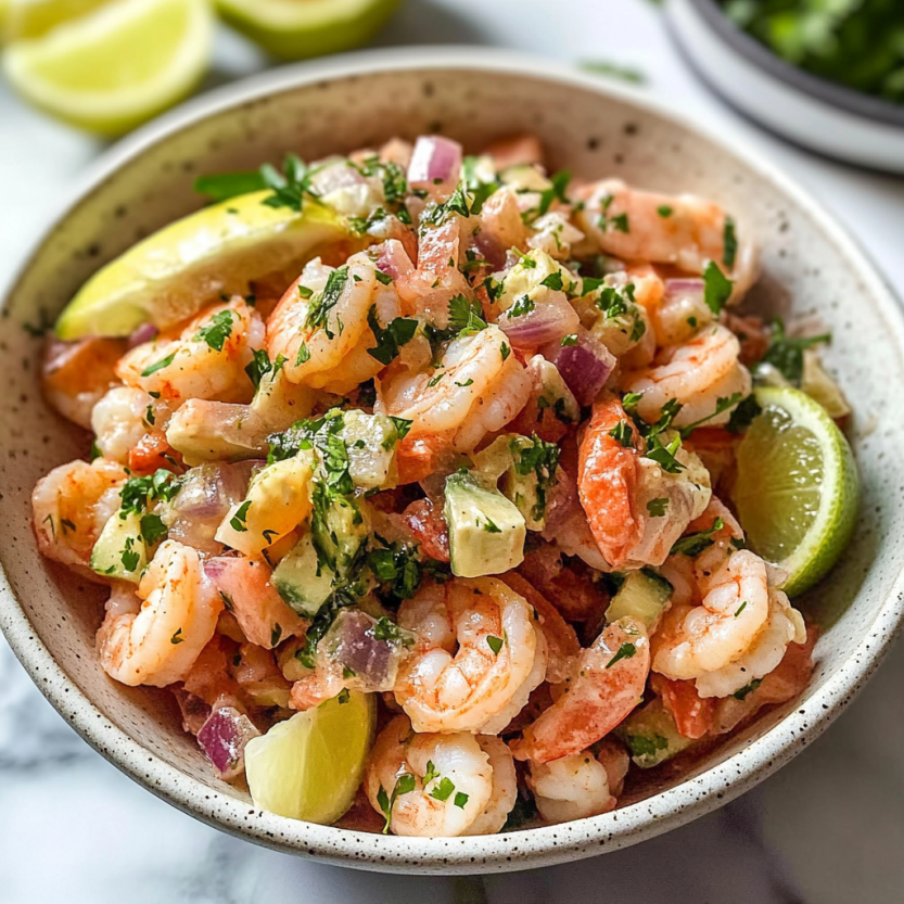 Une assiette de shrimp ceviche avec des légumes verts et des citrons.