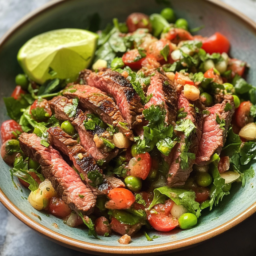 Steak salad avec des herbes, des ail, des tomates et des pois chiches.