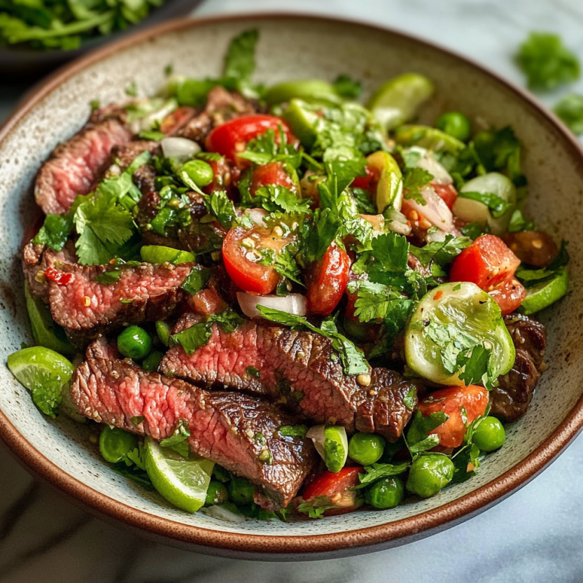 Steak salad avec des chiles, de l'ail et des herbes.