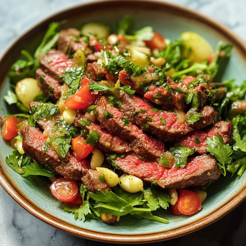 Steak salad avec des herbes, des ail, des tomates et des poivrons.