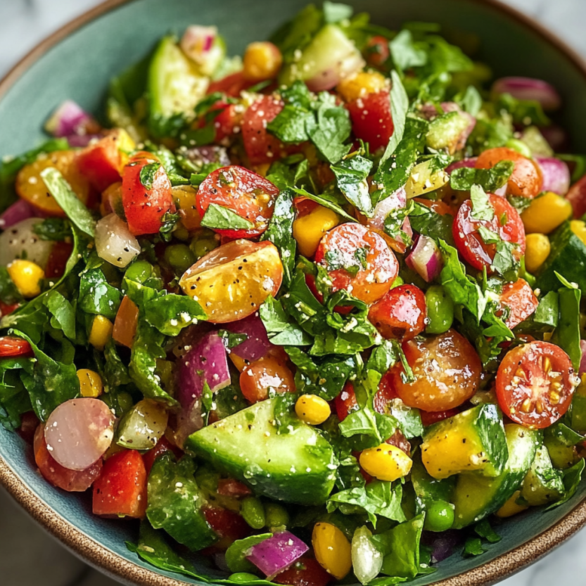 Une salade de légumes frais et colorés, avec des tomates, des avocats, des cornichons, des cucumbers, des poivrons et des épinards.