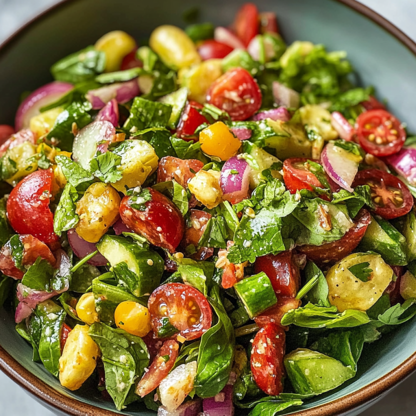 Une salade de légumes frais, avec des tomates, des avocats, des cornichons, des céleris et des herbes.