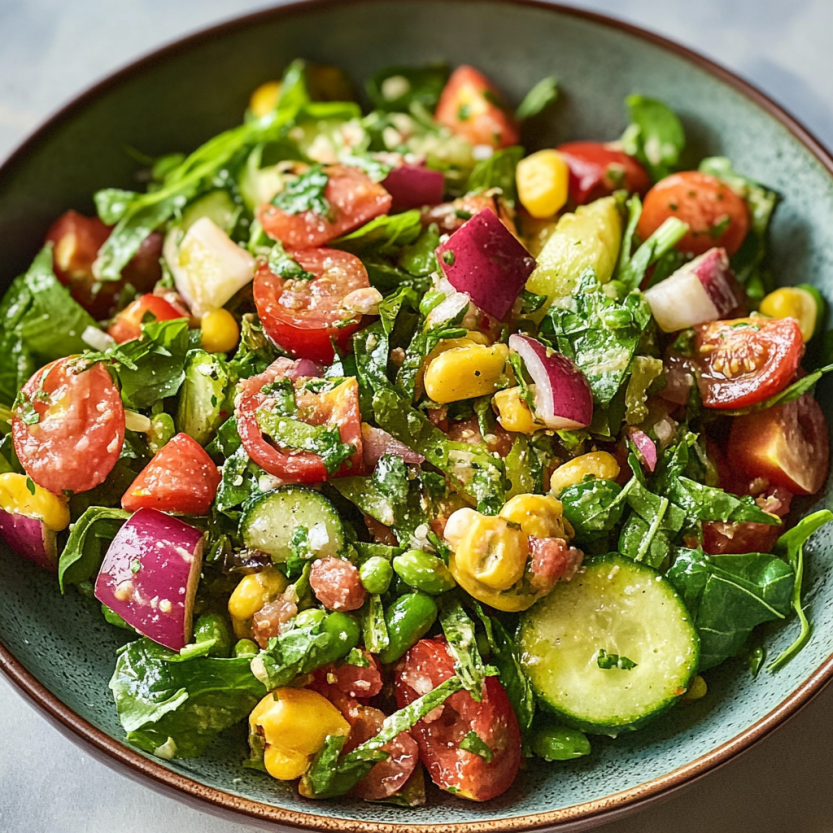Une salade de légumes frais, avec des tomates, des poivrons, des avocats, des cucumbers et des herbes.
