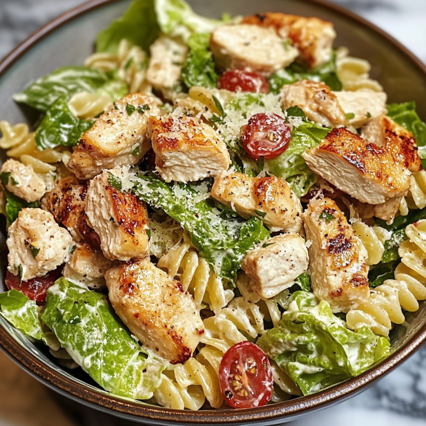 Une salade de pâtes avec des tomates, des chicken et des herbes.