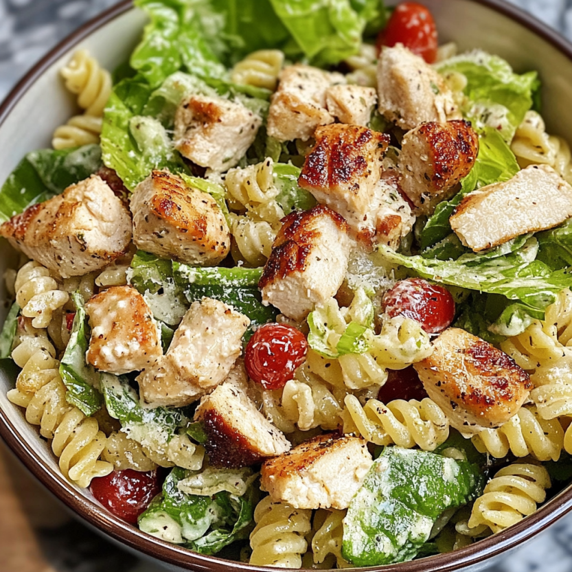 Une salade de pâtes avec des légumes et des viandes, inspirée d'une recette de salade de pâtes crémeuse.