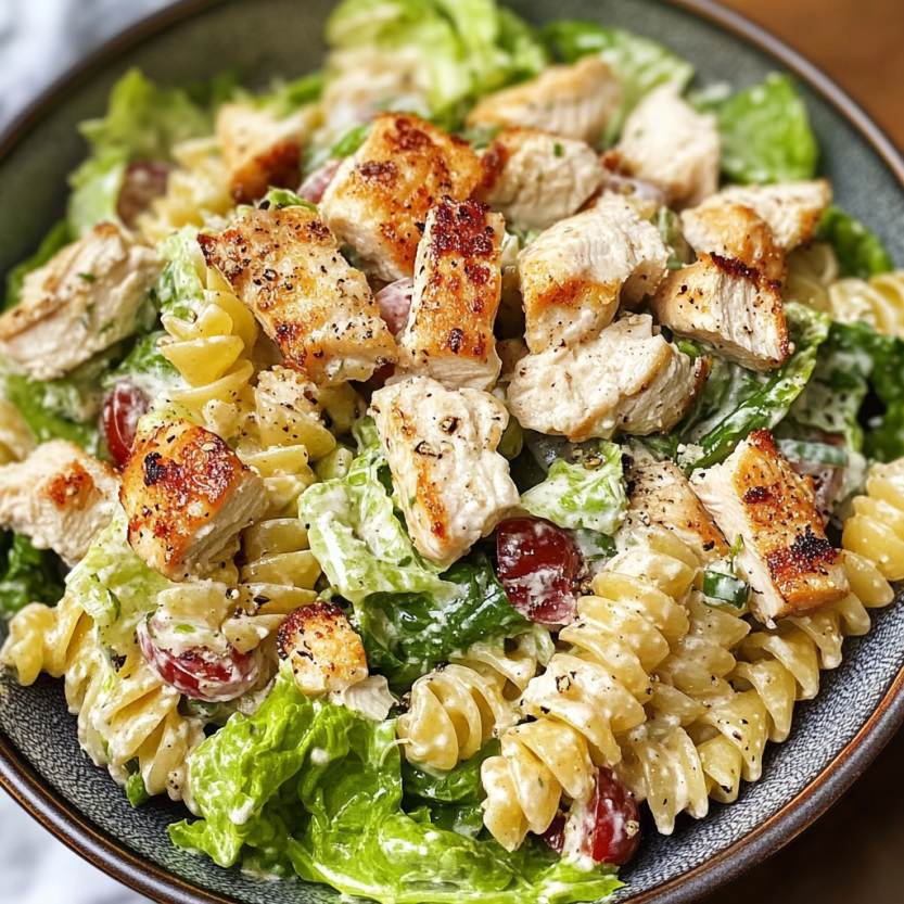 Une salade de pâtes avec des légumes et des viandes grillées.