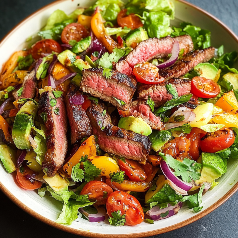 Une salade de steak grillé avec des légumes verts et des tomates.