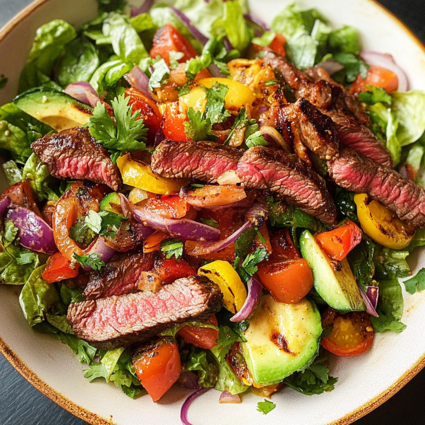 Une salade de steak grillé avec des légumes tels que des tomates, des avocats et des épinards.