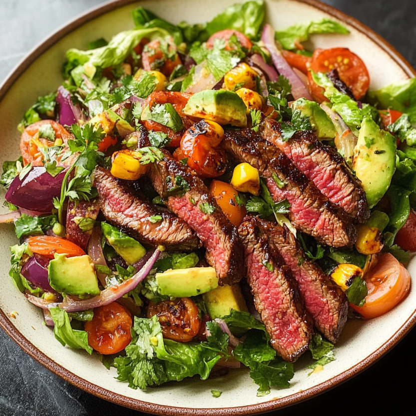 Une salade de steak grillé avec des légumes verts et des tomates.