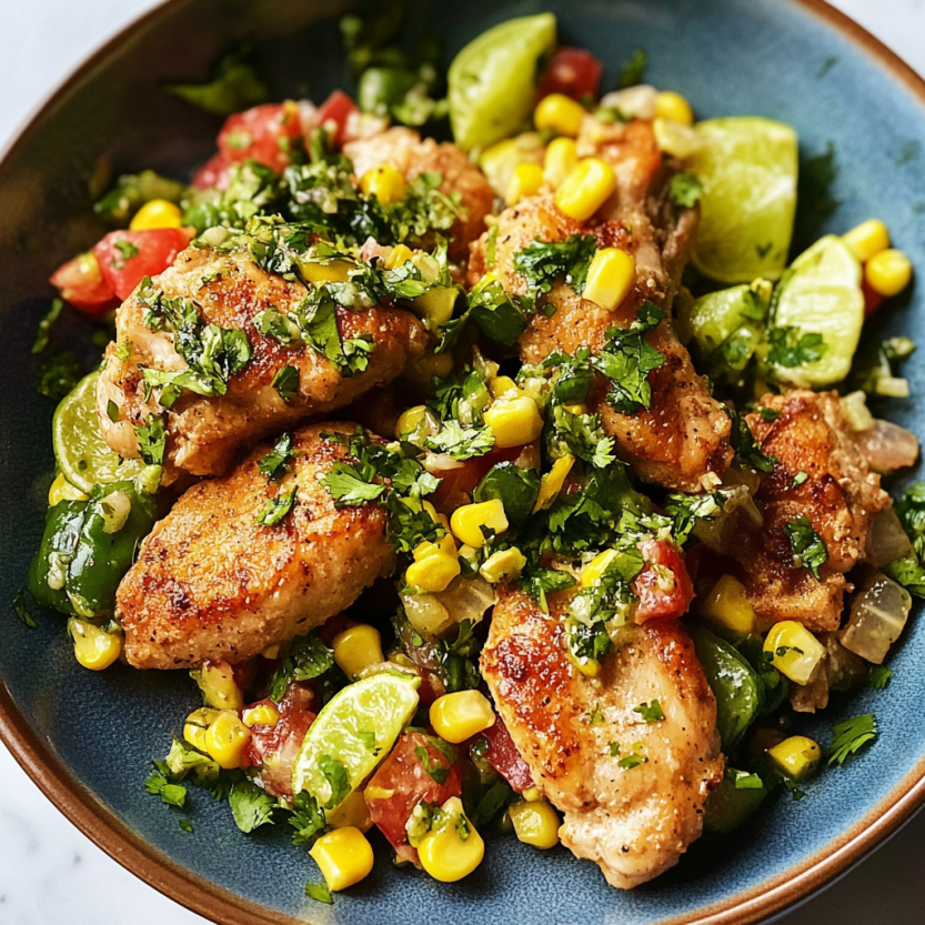 Une salade de poulet grillé avec des légumes verts et des cornichons.