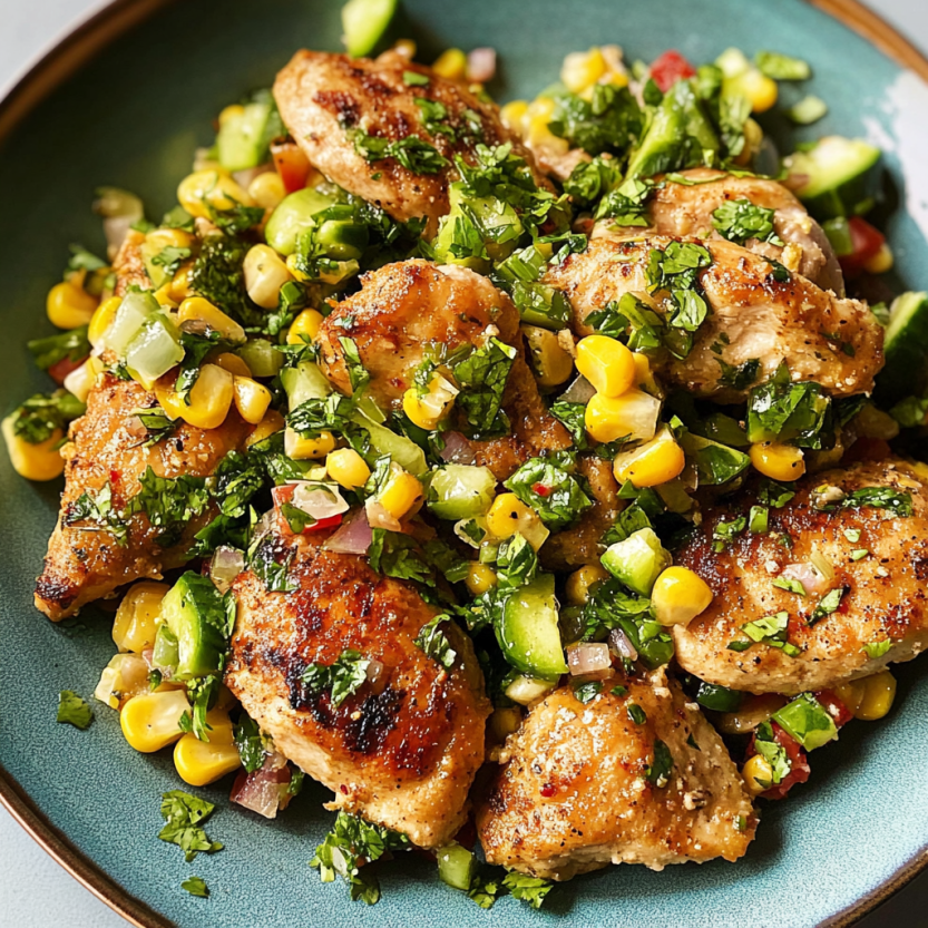 Une assiette de poulet grillé avec des légumes verts et des légumes rouges.