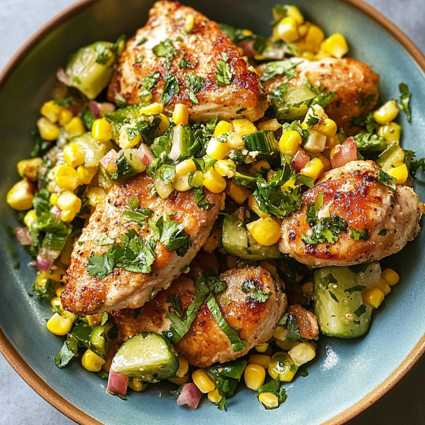 Une salade de poulet grillé avec des légumes verts et des cornichons.