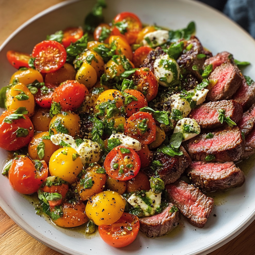 Une assiette de viande rouge et de tomates cerises.