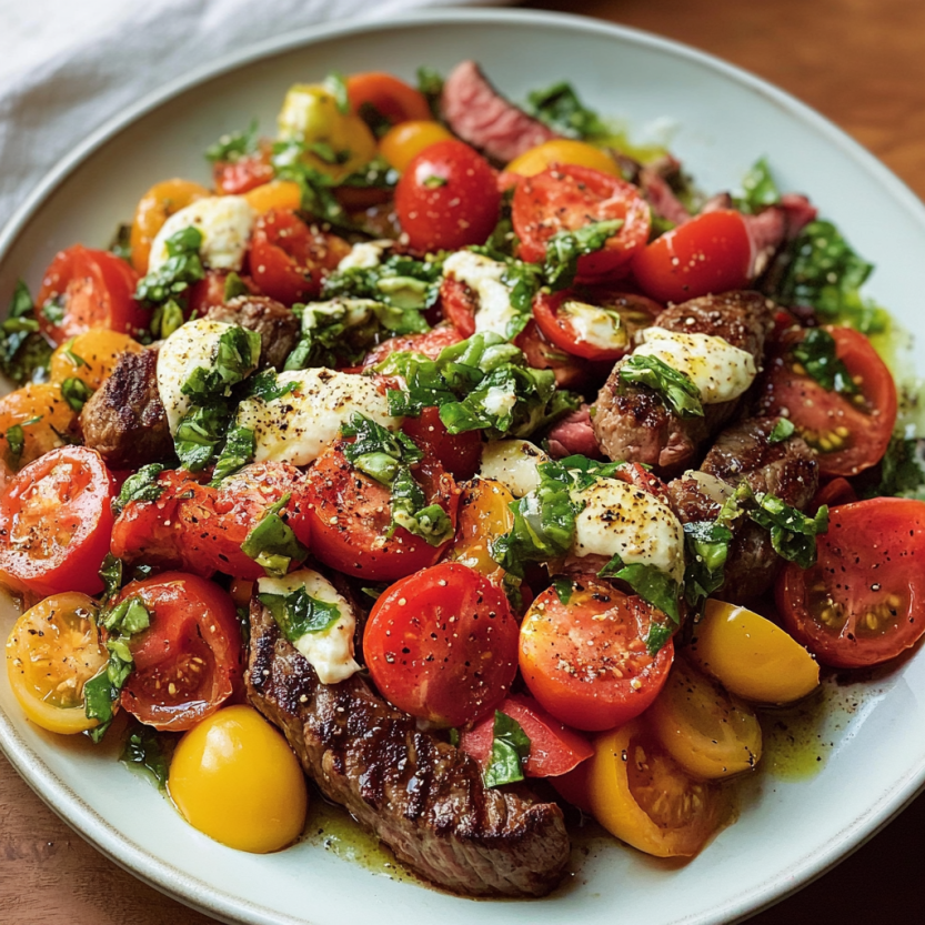 Une assiette de viande et de tomates cerises.