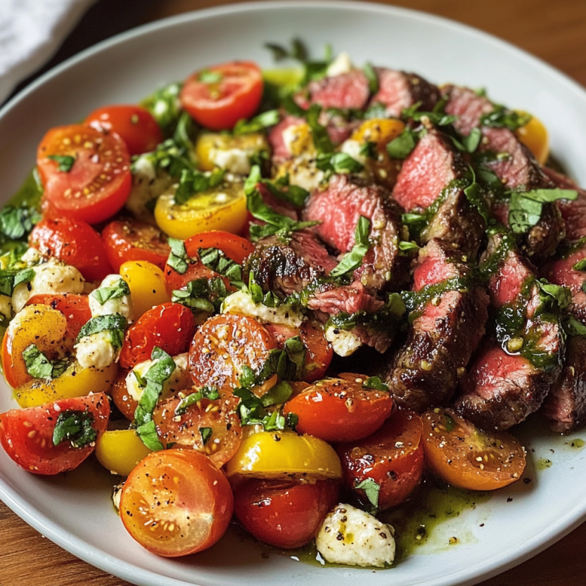 Une assiette de viande rouge et tomates cerises.