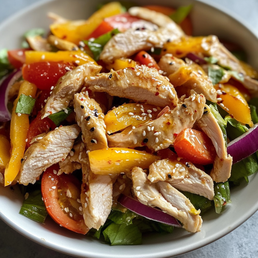 Une salade de poulet froid avec des légumes.