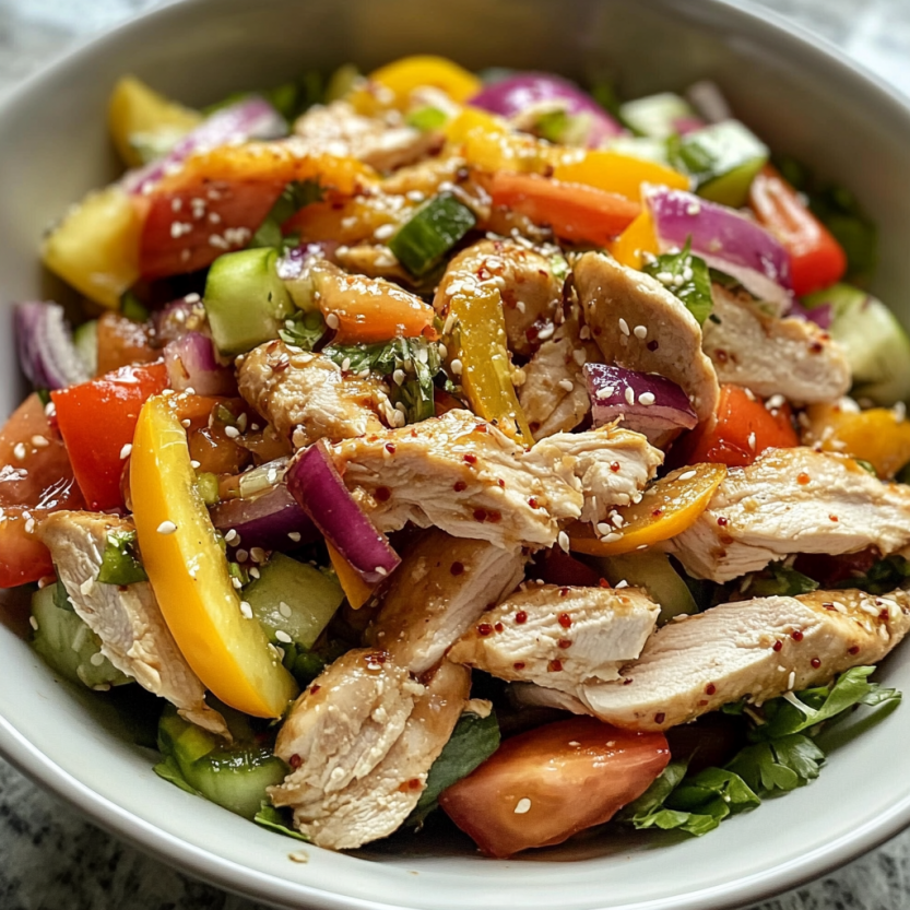 Une salade de poulet froid avec des légumes tels que des tomates, des poivrons et des cucumbers.