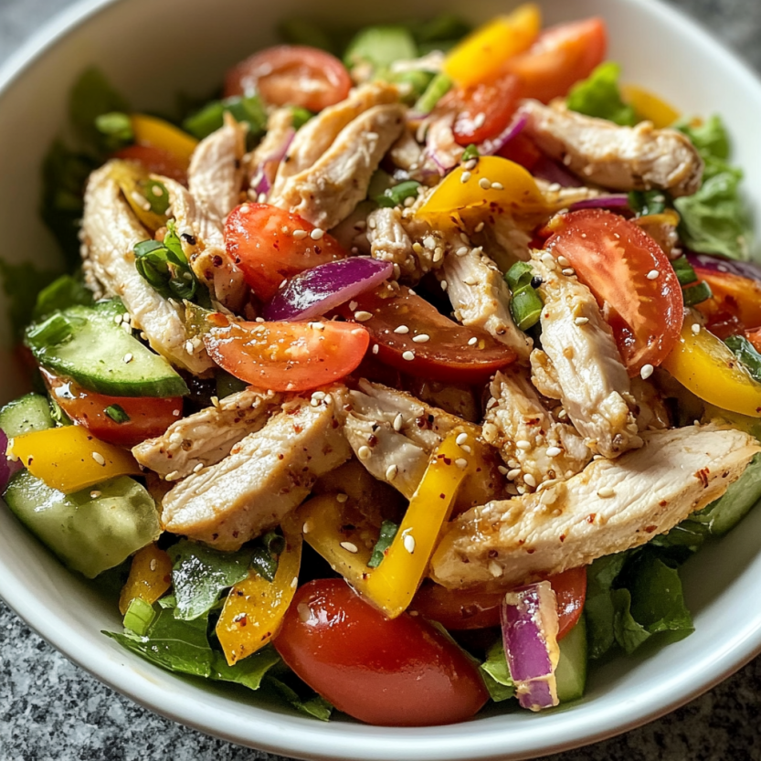 Une salade de poulet avec des légumes tels que des tomates, des cucumbers et des poivrons.