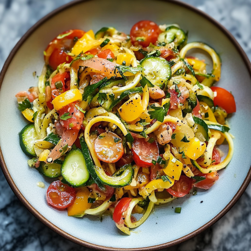 Une assiette de zoodles avec des légumes d'été.