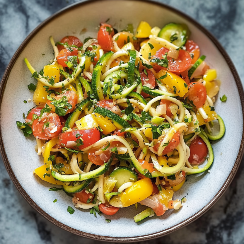 Une assiette de zoodles avec des légumes d'été.