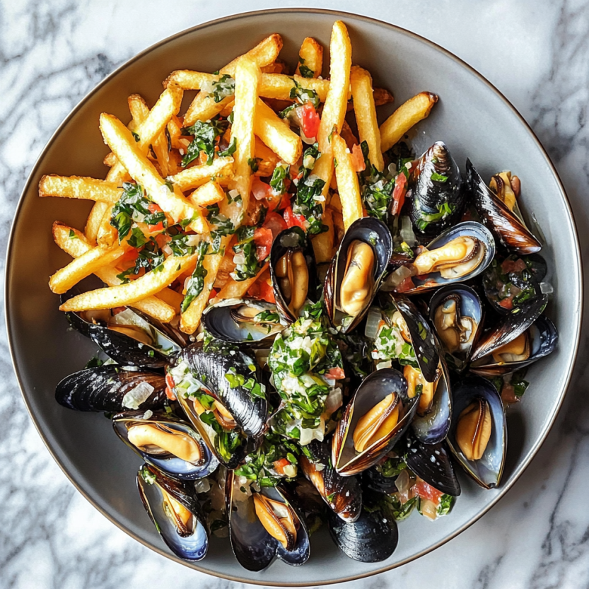 Une assiette de moules-frites (steamed mussels and fries) avec des moules et des frites.