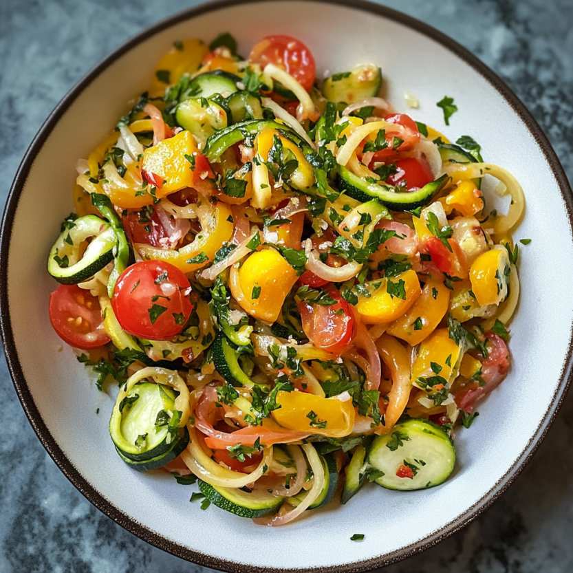 Une assiette de zoodles avec des légumes d'été.