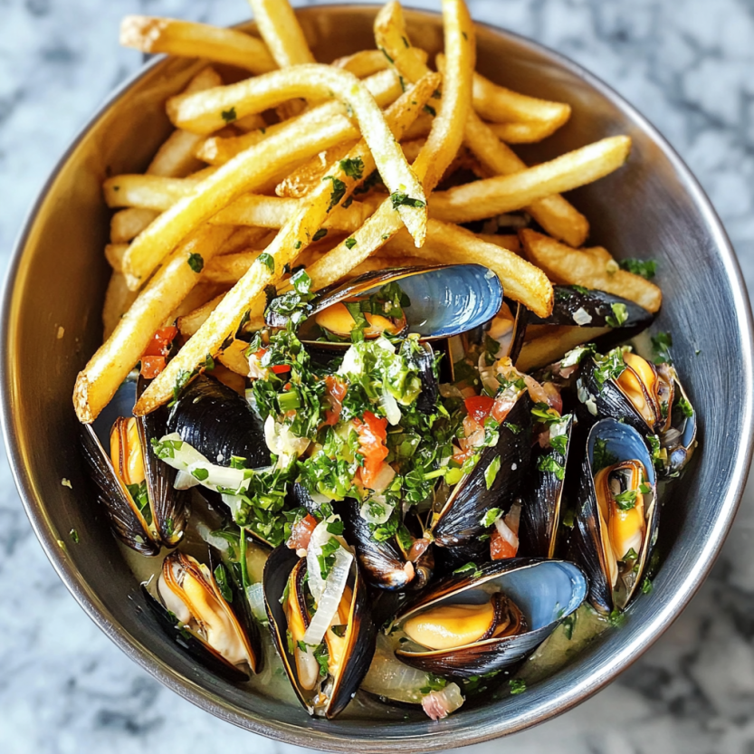 Une assiette de moules-frites (steamed mussels and fries) avec des moules et des frites.