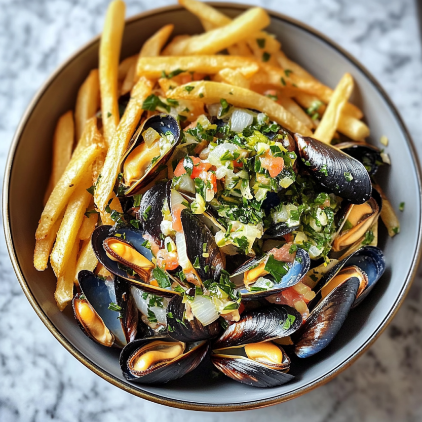 Une assiette de moules-frites (steamed mussels and fries) avec des moules et des frites.