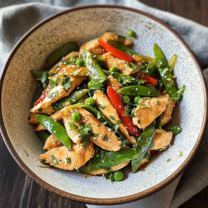 Une assiette de stir fry contenant des légumes verts et des morceaux de poulet.