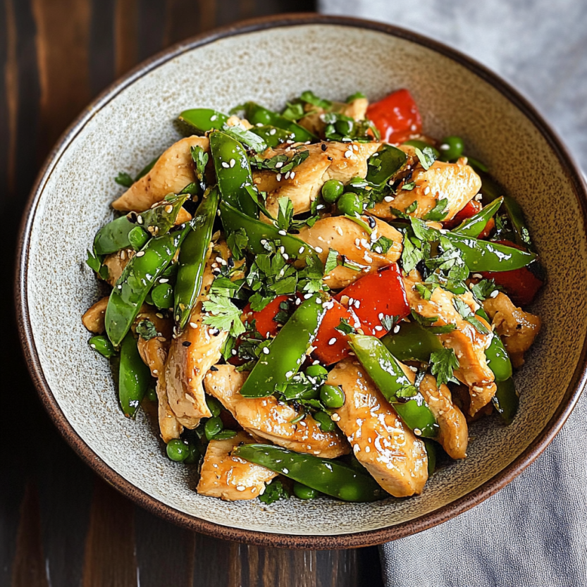 Une assiette de stir fry contenant des légumes verts et des poulet.