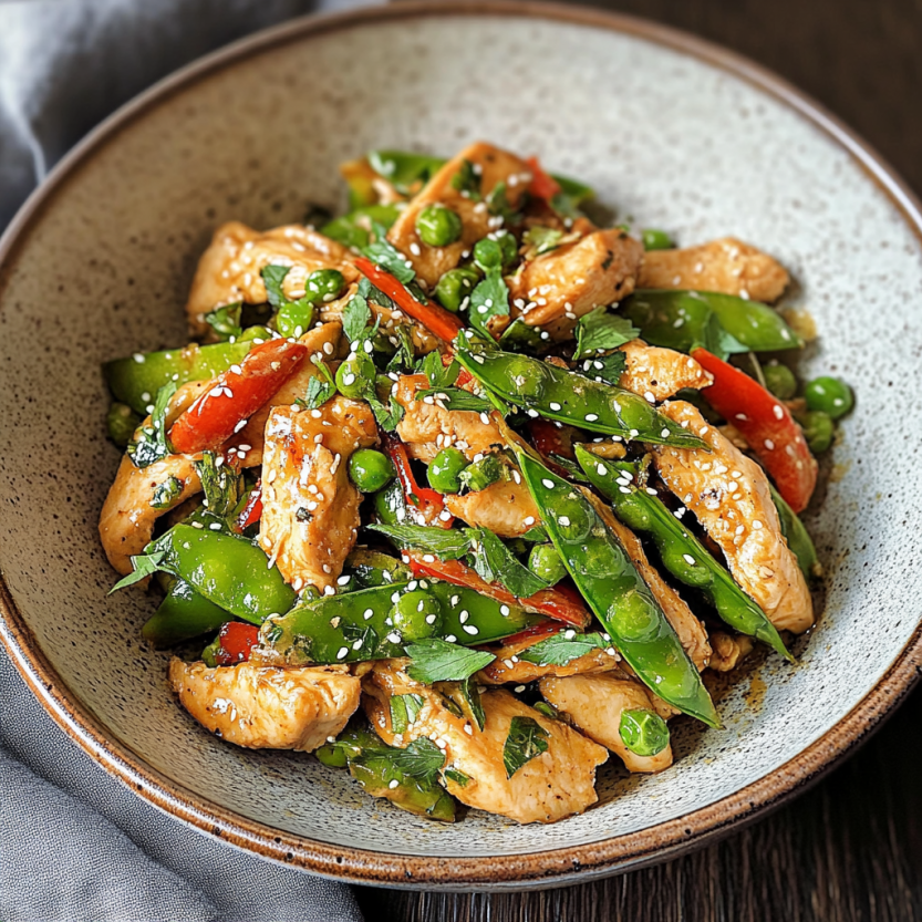 Une assiette de stir fry contenant des légumes verts et des poulet.