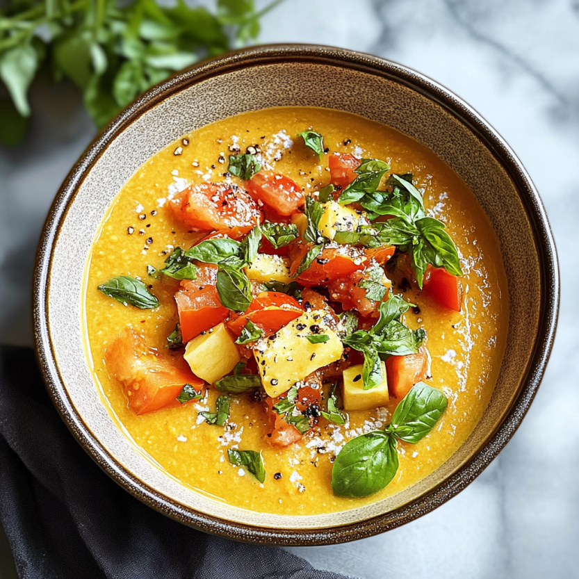 Une assiette de gazpacho avec des tomates et des herbes.