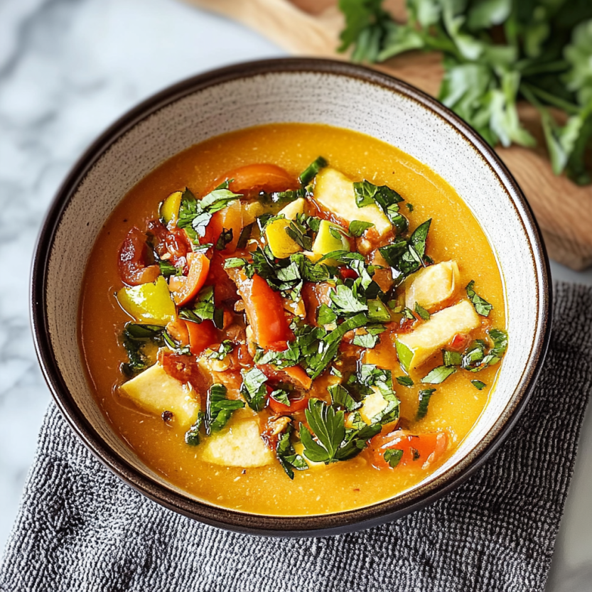 Une assiette de soupes de tomates et de légumes verts.