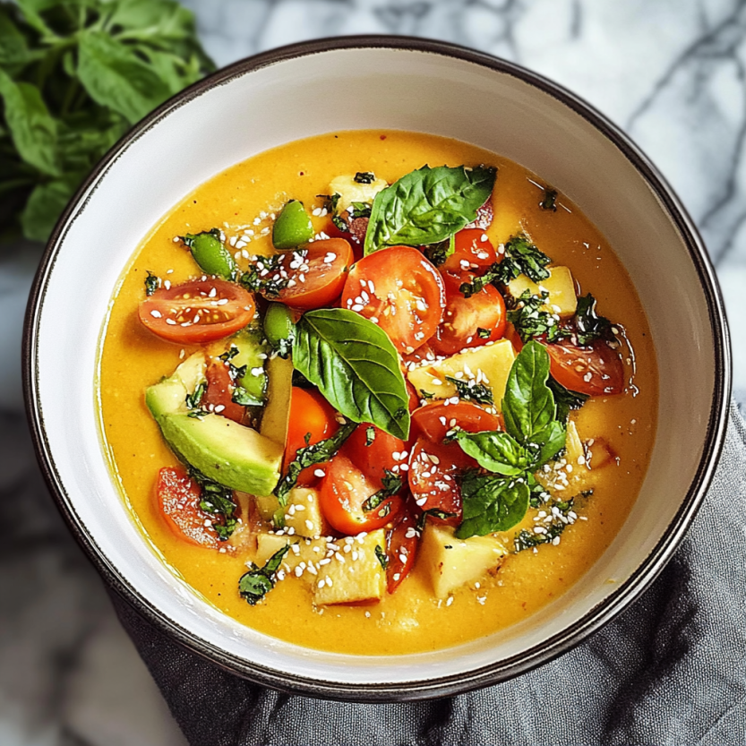 Un plat de gazpacho avec des tomates et des herbes.