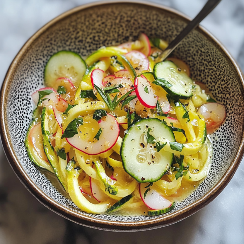 Une assiette de zucchini et de radis.