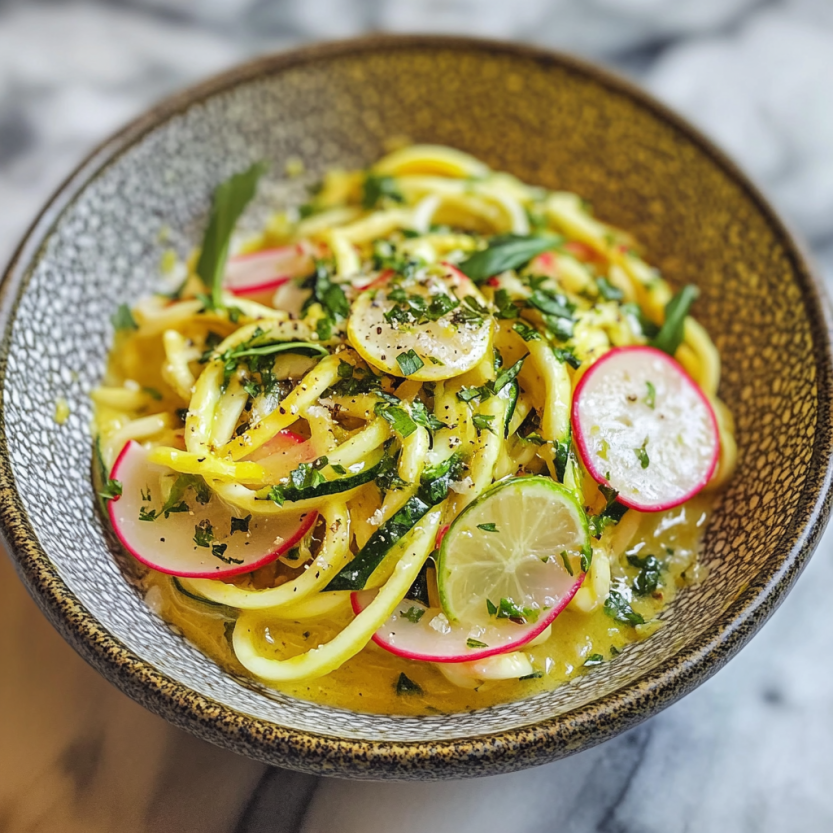 Une assiette de zucchini cuit avec des légumes verts et des citrons.