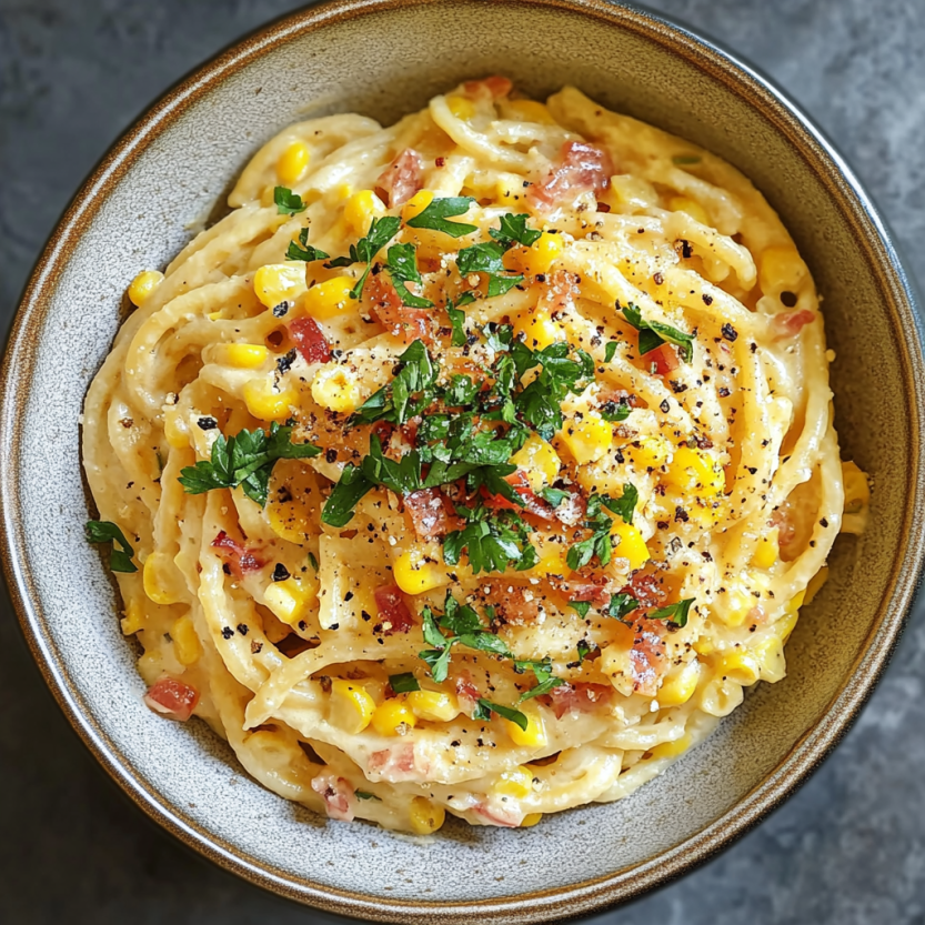 Une assiette de spaghetti carbonara avec des légumes verts.