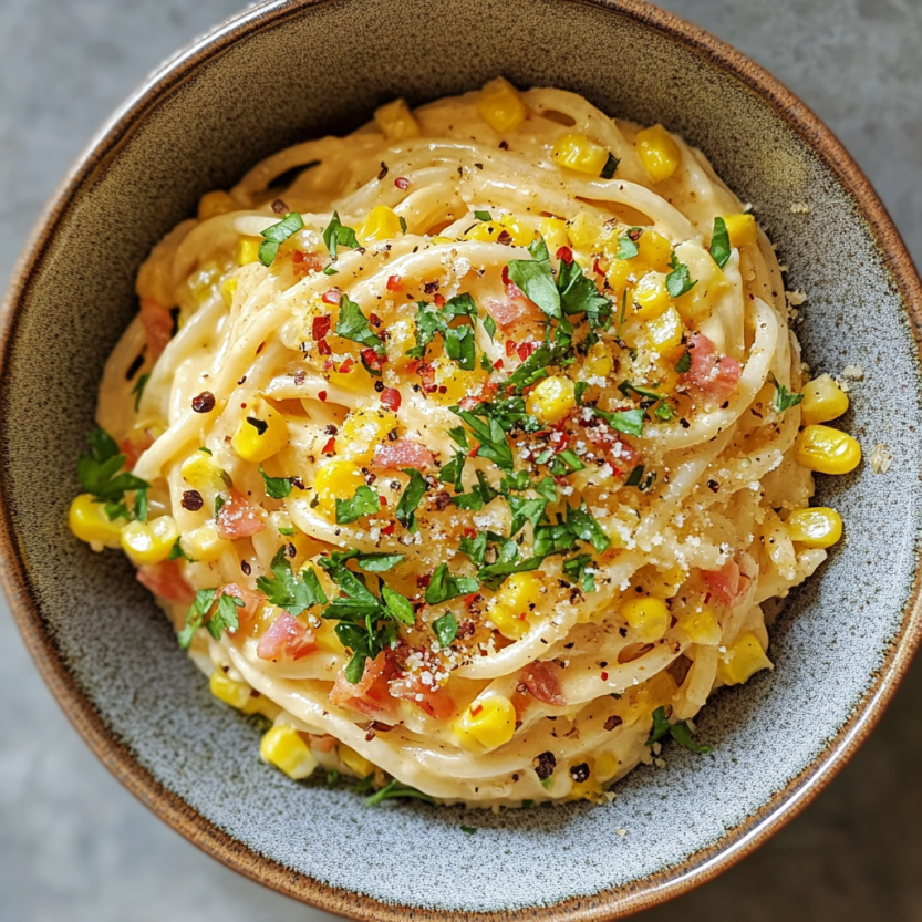 Une assiette de spaghetti carbonara avec des légumes verts et des épices.