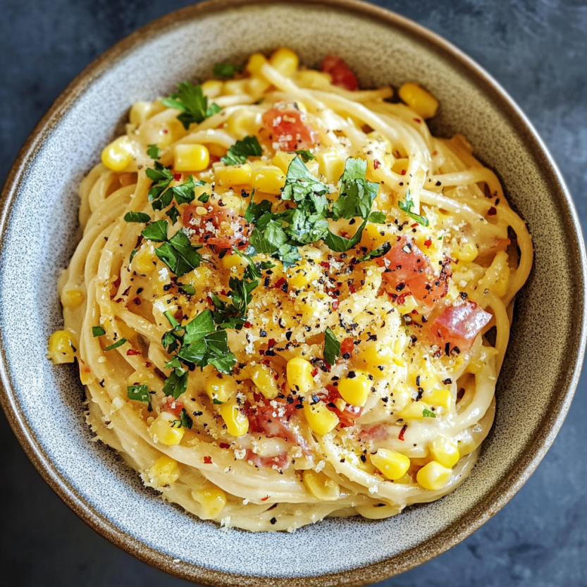 Une assiette de spaghetti carbonara avec des tomates, des épinards et des cornichons.
