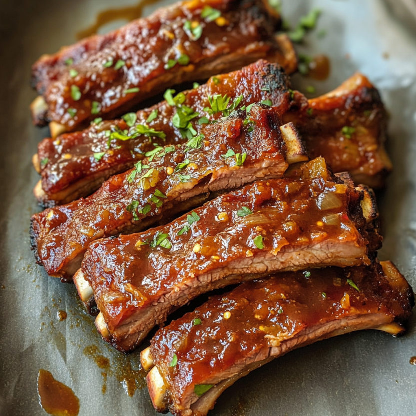 Des côtes de boeuf grillées et saucées, prêtes à être servies.