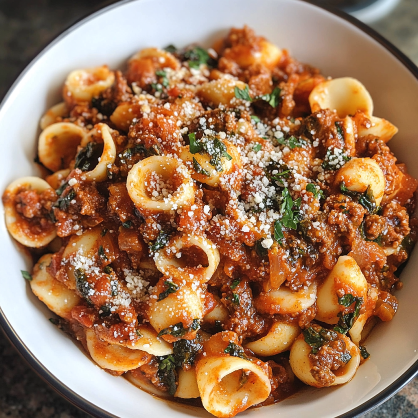 Un bol contenant une sauce à la viande et des pâtes.