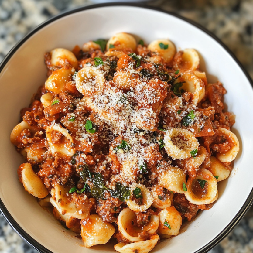 Un bol contenant une sauce à la viande et des pâtes.