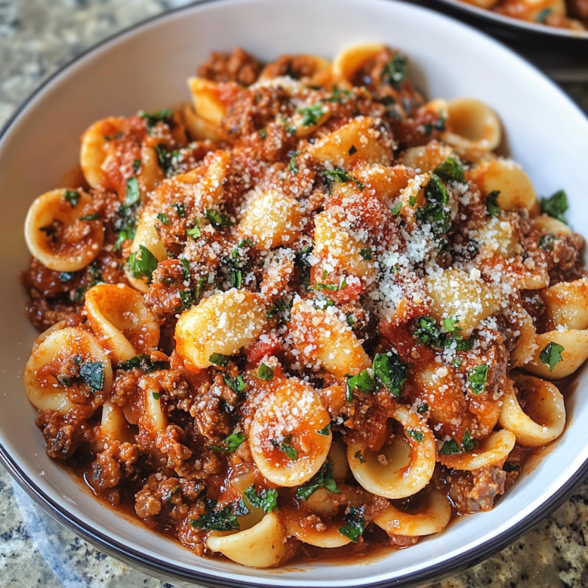 Un bol contenant une sauce à la viande et des pâtes.