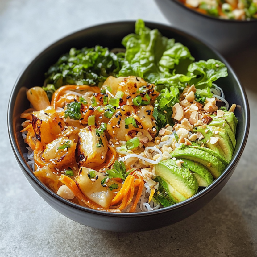 Des bowls de spring rolls avec des légumes verts et des noix.