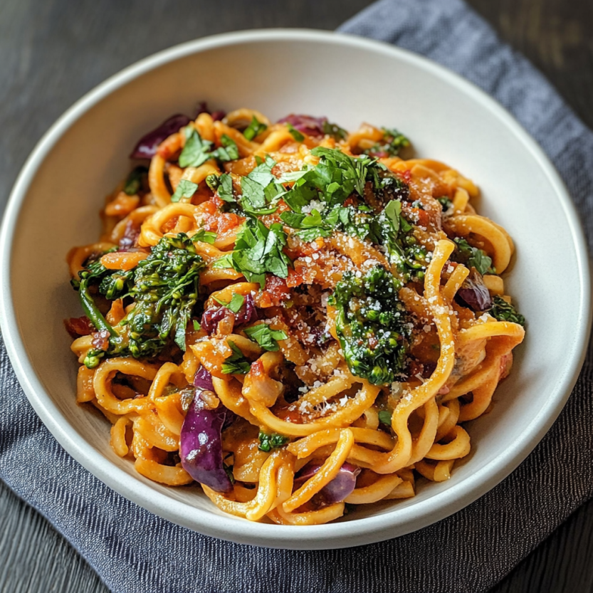 Une assiette de spaghetti avec des légumes verts et des légumes rouges.