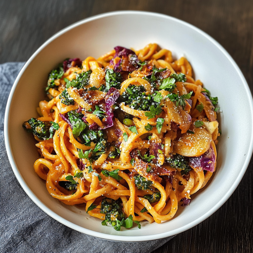 Une assiette de spaghetti avec des légumes verts et des légumes rouges.