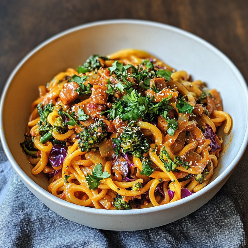 Une assiette de curry noodles avec des légumes verts tels que le brocoli et la rabaisse de laitue.