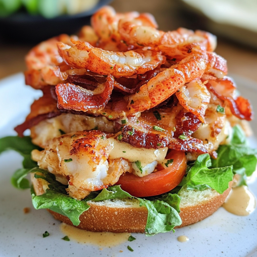 Une sandwich de lobster avec du bacon et du tomate, garnie de mayonnaise douce et épicée.